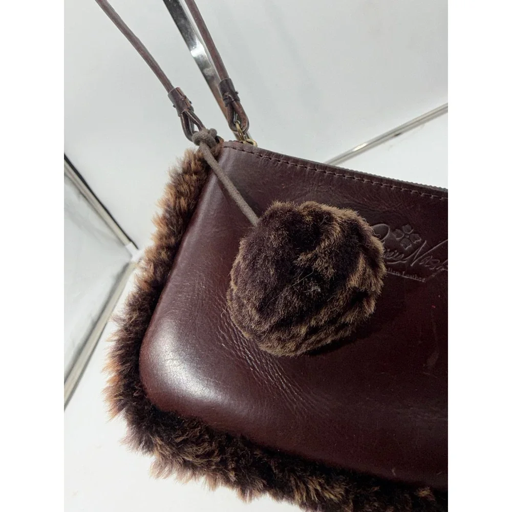 Patricia Nash Brown Italian Leather Faux Fur Trim Wristlet Pouch Pom Pom Charm